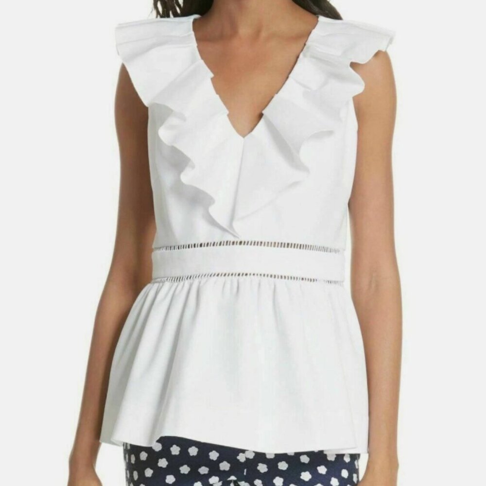 Kate Spade White Ruffled V-Neck Sleeveless Heavy Cotton Peplum Top Women's SZ 2